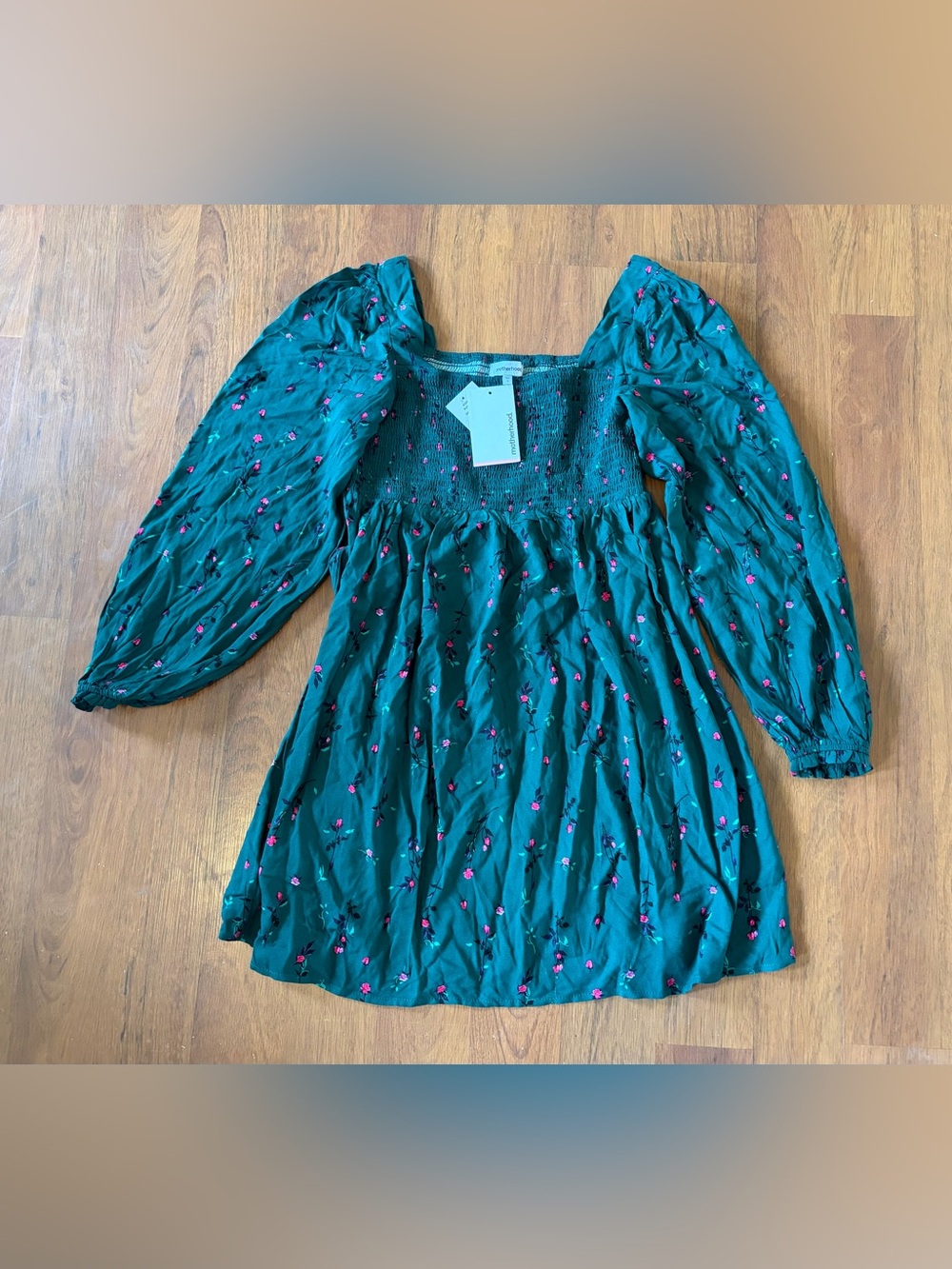 Motherhood Teal Green Floral Smocked Square-Neck Dress